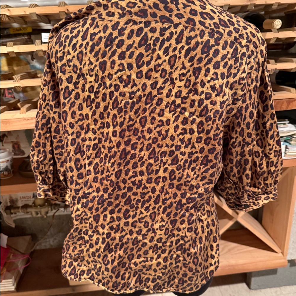 Ralph Lauren Leopard Print Puff Sleeve Button-Down Top in Brown and Black - Picture 3 of 6
